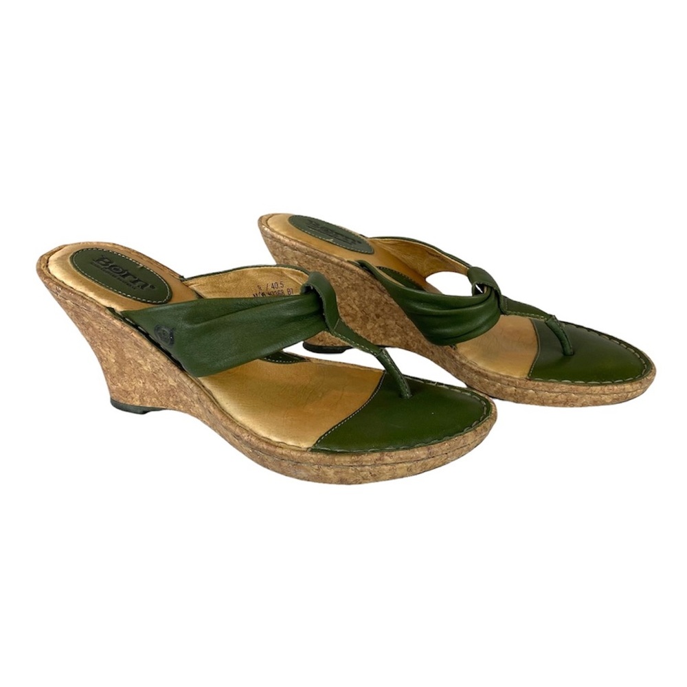 Born Olive Green Cork Wedge Thong Sandals